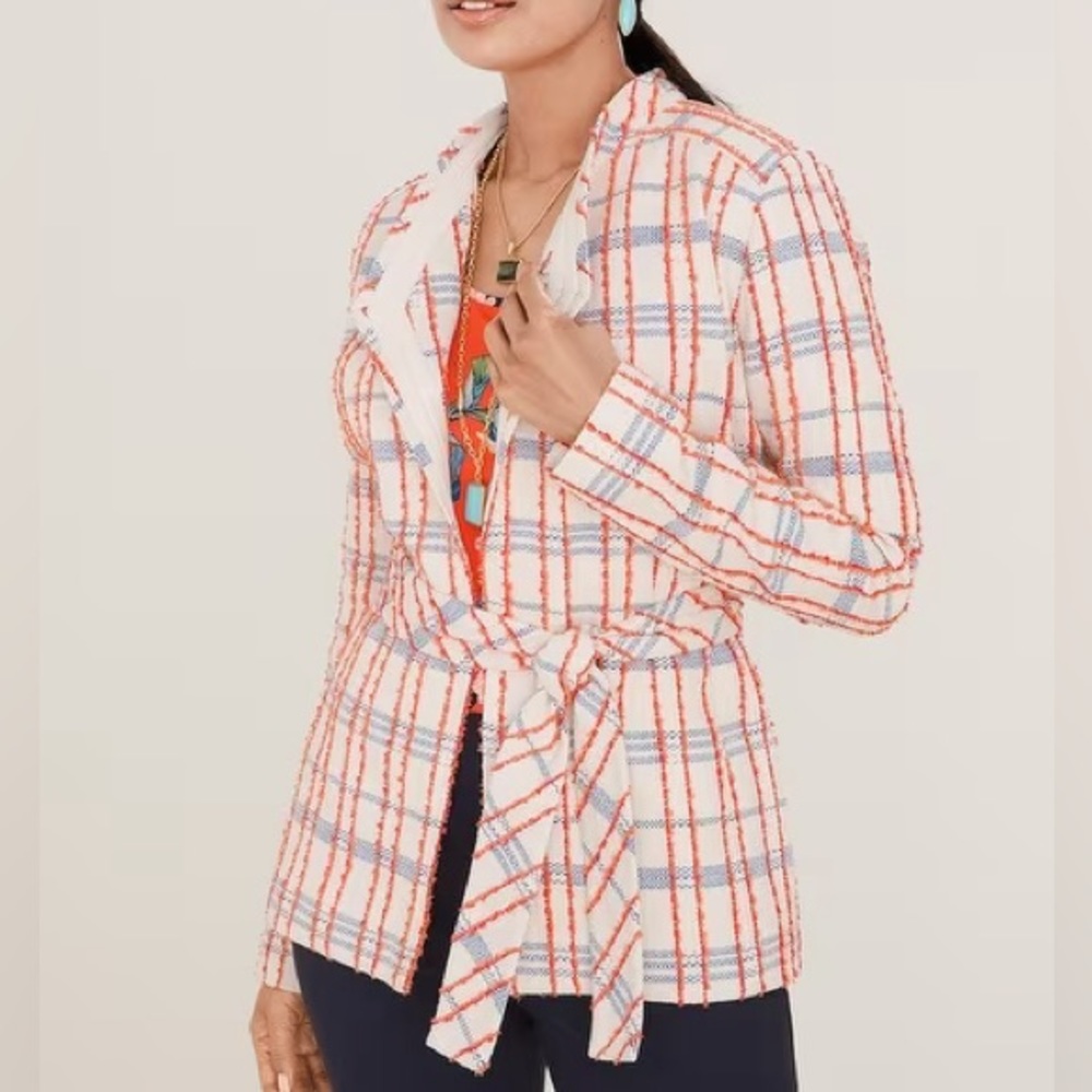 NWT Chico’s Belted Striped Tweed Career Jacket Size M Preppy Ranch